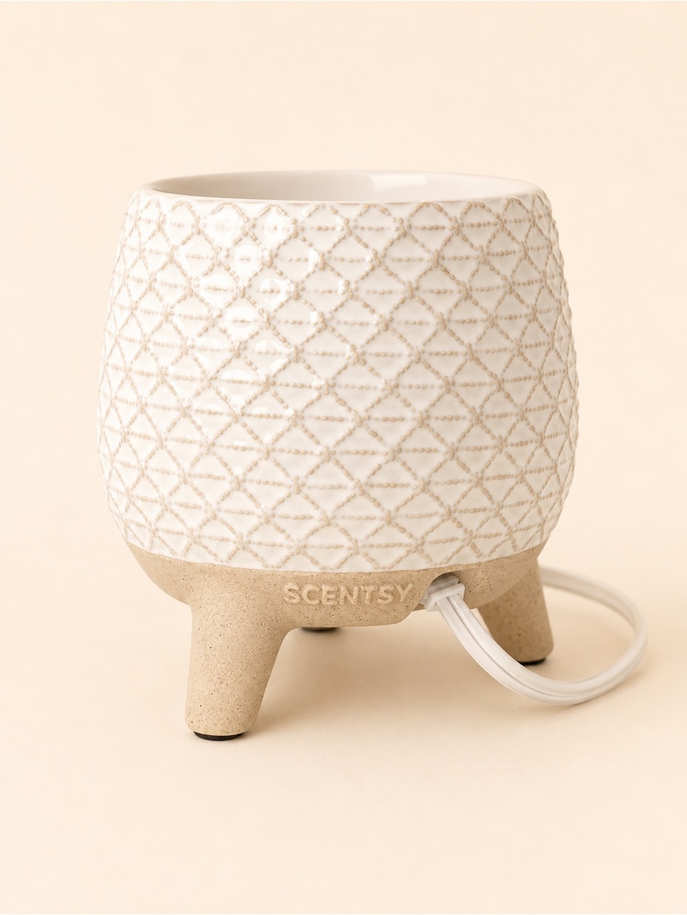 Scentsy White Ceramic Tripod Wax Melt Warmer Boho Lattice
